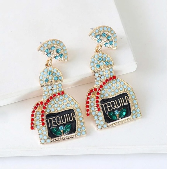 💍💍 FREE Tequila Alcohol Drink Party Rhinestone Boho Hipster Pop Deco Earrings - Picture 2 of 5